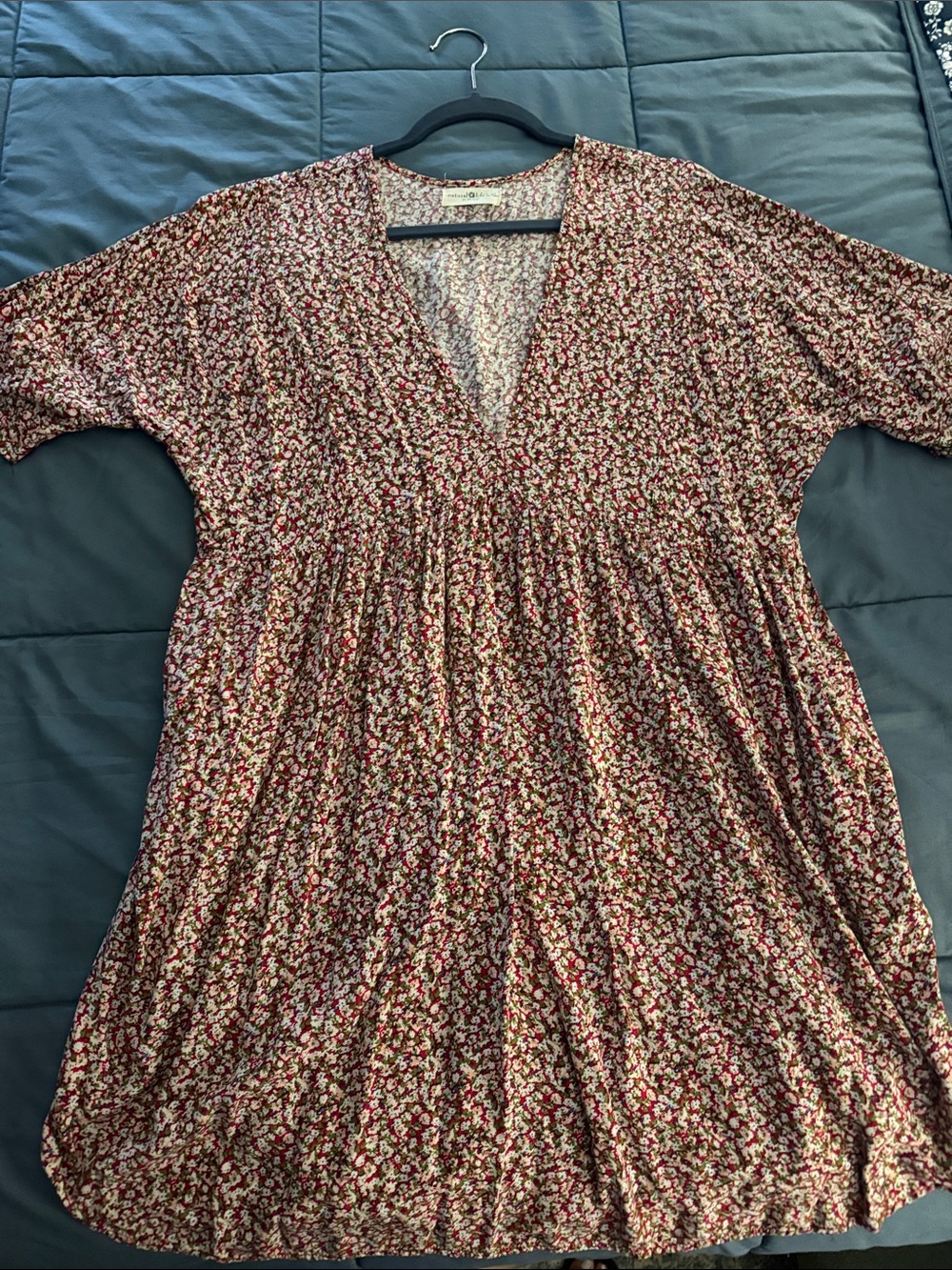 Natural Life Stella Ditsy Floral Dress L/XL Rayon Blend Boho Short Sleeve Pocke